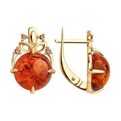 Серьги из золочёного серебра с янтарём и фианитами (Арт.83020365)