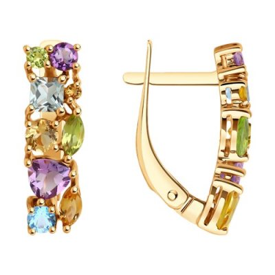 Серьги золото 585 с аметистом, топазом, хризолитом и цитрином «Радуга света» Соколов (арт.51-320-02165-3)