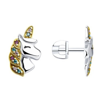 Серьги из серебра 925 с фианитами «Волшебный Единорог» Соколов (арт.94025706)
