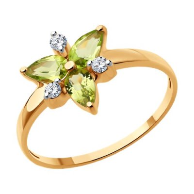 Кольцо золотое с хризолитом и фианитами «Летний цветок» Соколов (арт.5129)