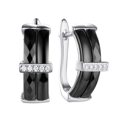 Серьги серебряные с керамикой и фианитами «Черная линия» Fresh Jewelry (арт.TC-E00264-B-W-X-X-W)