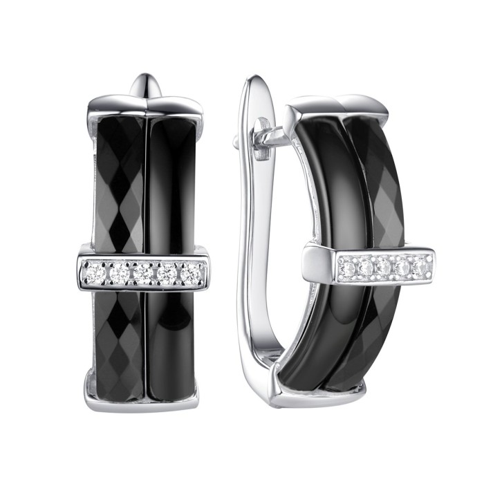 Серьги серебряные с керамикой и фианитами «Черная линия» Fresh Jewelry (арт.TC-E00264-B-W-X-X-W)