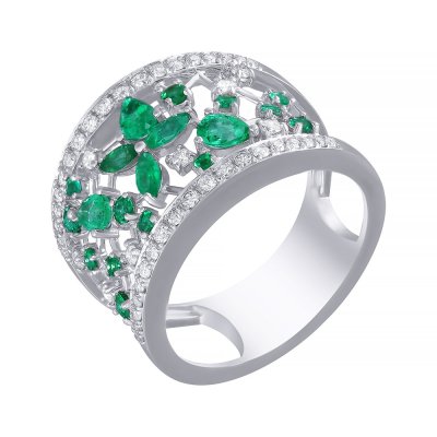 Кольцо из белого золота с бриллиантом и изумрудом (Арт.r8741e-d-ewn_ko_em_em_em_001_wg)