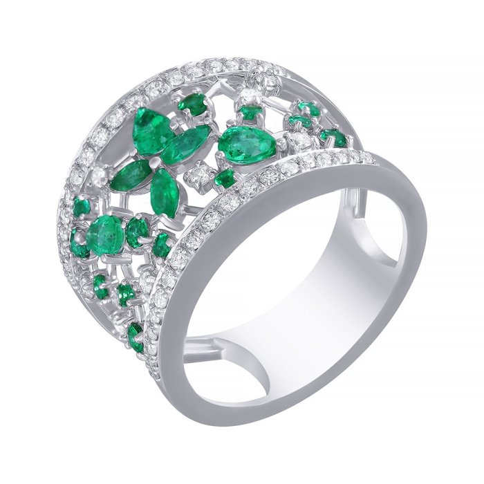 Кольцо из белого золота с бриллиантом и изумрудом (Арт.r8741e-d-ewn_ko_em_em_em_001_wg)