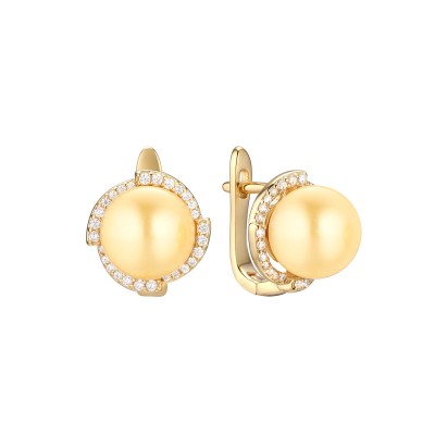 Серьги серебряные с жемчугом и фианитами «Golden Pearl Shine» Fresh Jewelry (арт.PI-E02599-X-L-ST705-X-W)