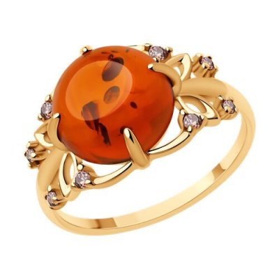 Кольцо из золочёного серебра с янтарём и фианитами «Солнечная легенда» SOKOLOV (арт.8301)