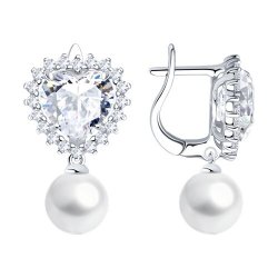Серьги из серебра с синтетическим жемчугом и фианитами (Арт.94027299)