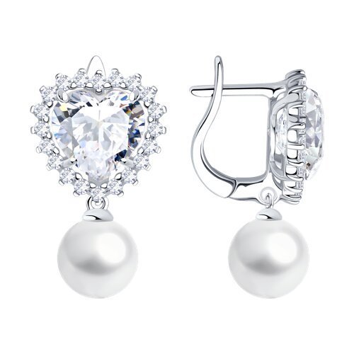 Серьги из серебра с синтетическим жемчугом и фианитами (Арт.94027299)