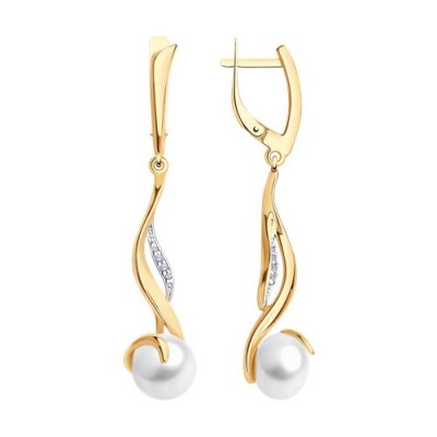 Серьги из золочёного серебра с жемчугом и фианитами (Арт.93020788)