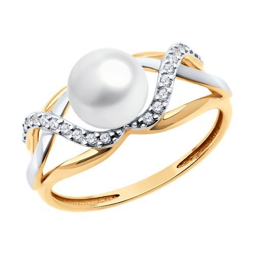 Кольцо золотое с жемчугом и фианитами «Волны Элегантности» Соколов (арт.51-310-02353-1)