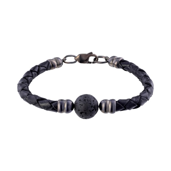 Серебряный браслет BEAVERS из вулканической породы и кожи 4019vp