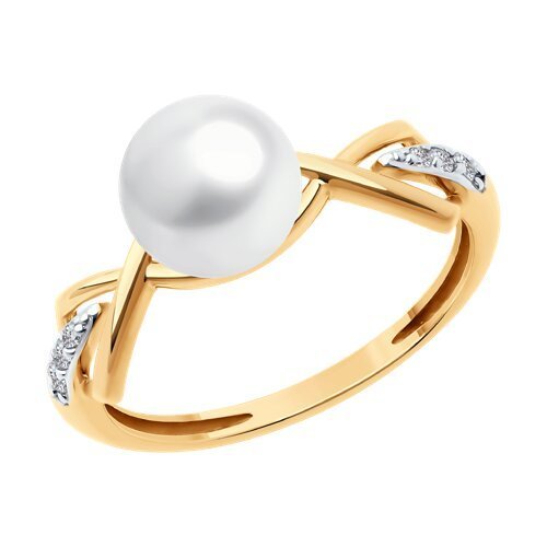 Кольцо золото 585 с жемчугом и фианитами «Перламутровая линия» Соколов (арт.02356)