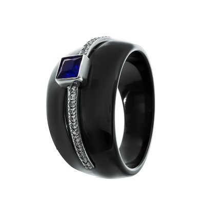 Кольцо из серебра с керамикой и ситаллом (Арт.tc-r00126-b-w-bl-x-w)