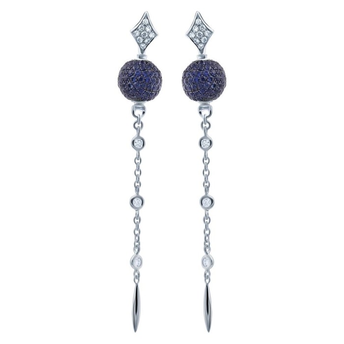 Серьги из белого золота с бриллиантами и сапфирами «Ночная сфера» Myjewels (арт.03766)
