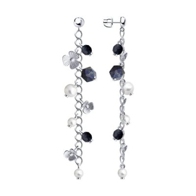 Серьги из серебра с содалитом и синтетическим жемчугом (Арт.83020167)