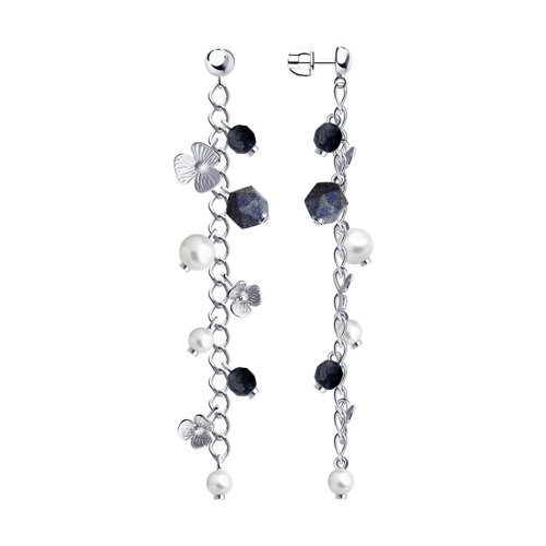 Серьги из серебра с содалитом и синтетическим жемчугом (Арт.83020167)