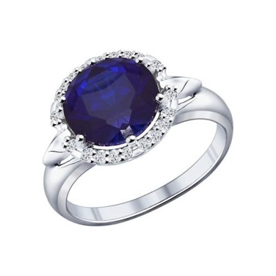 Кольцо из серебра с корундом сапфировым (синт.) и фианитами (Арт.88010012)