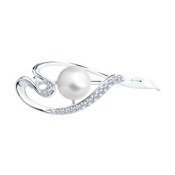 Серебряная брошь с жемчугом и фианитами (Арт.94040037)