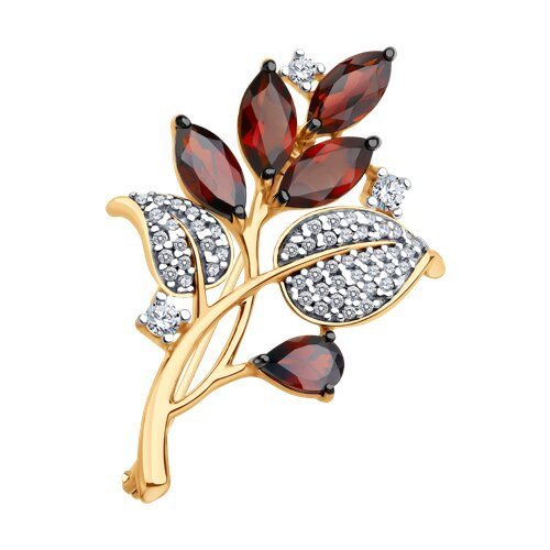 Брошь из золочёного серебра с гранатами и фианитами (Арт.92040132)