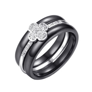 Кольцо с керамикой и фианитами «Black Clover» Fresh Jewelry (арт.TC-R00134-B-W-X-X-W)
