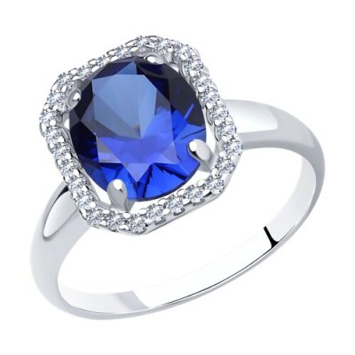 Кольцо из серебра с корундом сапфировым (синт.) и фианитами (Арт.88010013)