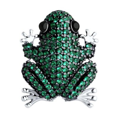 Брошь из серебра с фианитами и эмалью "Изумрудная Лягушка" (арт. 94040315), SOKOLOV