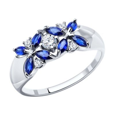 Кольцо из серебра с корундами сапфировыми (синт.) и фианитами (Арт.88010032)