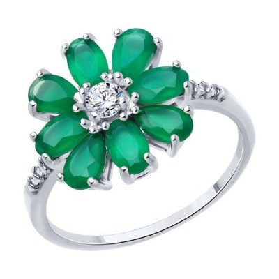 Кольцо серебряное с хризопразом и фианитом «Изумрудный Цветок» Соколов (арт.92014350)