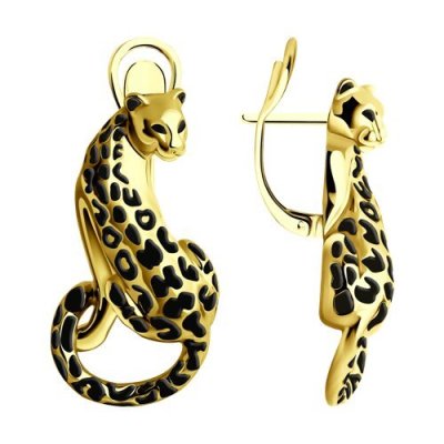 Серьги из золоченого серебра с эмалью «Ягуар ночи» Соколов (арт.93-120-01672-1)