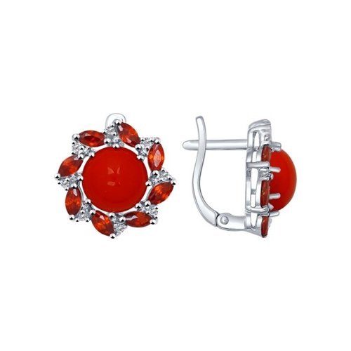Серьги из серебра с кораллами и красными и бесцветными фианитами (Арт.94022053)