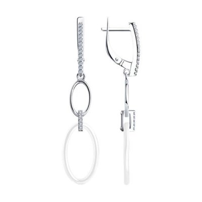 Серьги из серебра с керамикой и фианитами «Белая Орбита» Соколов (арт.01271)