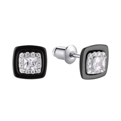 Серьги серебряные с керамикой и фианитами «Черный Квадро-Шик» Fresh Jewelry (арт.TC-E00386-B-W-W-X-W)