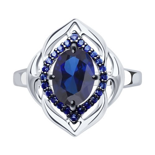 Кольцо из серебра с корундом сапфировым (синт.) и синими фианитами (Арт.88010035)