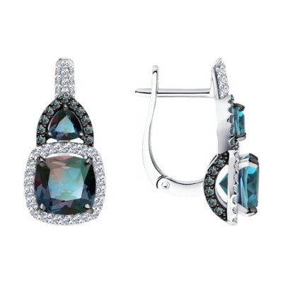 Серьги из белого золота с бриллиантами и гидротермальными александритами (Арт.6024504-3)