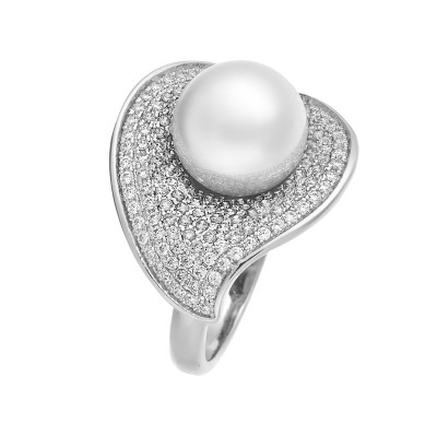 Кольцо серебряное с жемчугом и куб. цирконом «Nautilus Grace» Fresh Jewelry (арт.PI-R1058-4-X-W-PS-X-W)