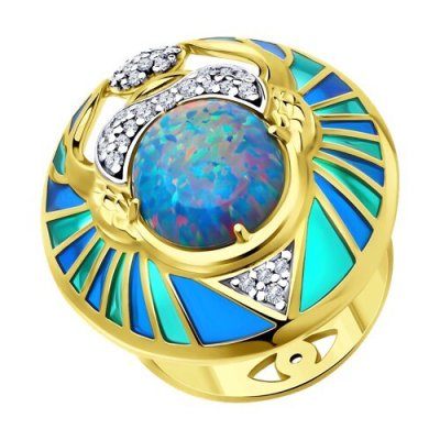 Кольцо из золочёного серебра с опалом, фианитами и эмалью (Арт.93-310-01804-1)