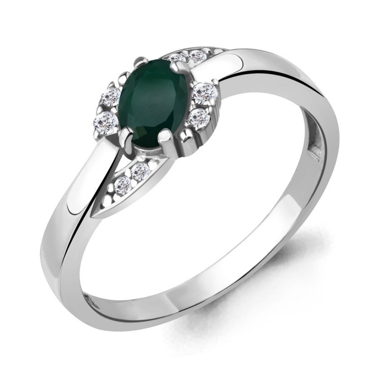Серебряное кольцо с агатом зелёным и фианитом AQUAMARINE 6920109А.5