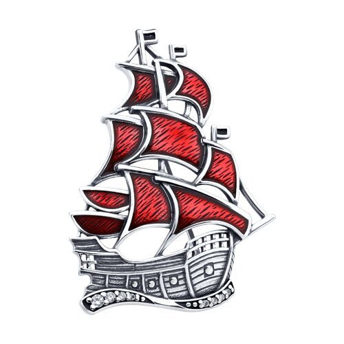 Брошь из серебра с фианитами и эмалью "алые паруса" (Арт.95-140-02374-1)