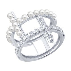 Кольцо из серебра с синтетическим жемчугом и фианитами (Арт.94014597)