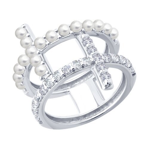 Кольцо из серебра с синтетическим жемчугом и фианитами (Арт.94014597)