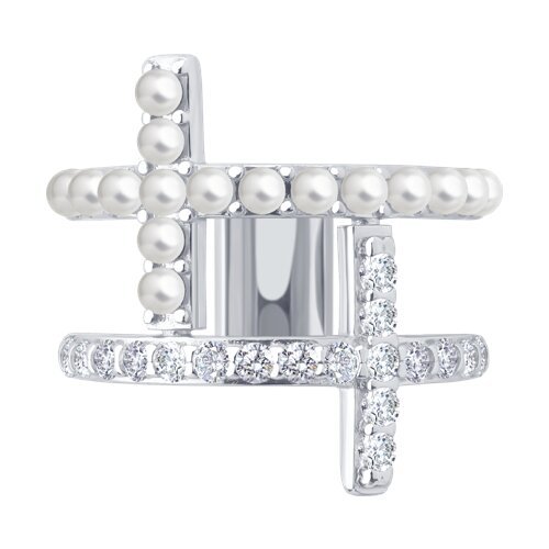 Кольцо из серебра с синтетическим жемчугом и фианитами (Арт.94014597)