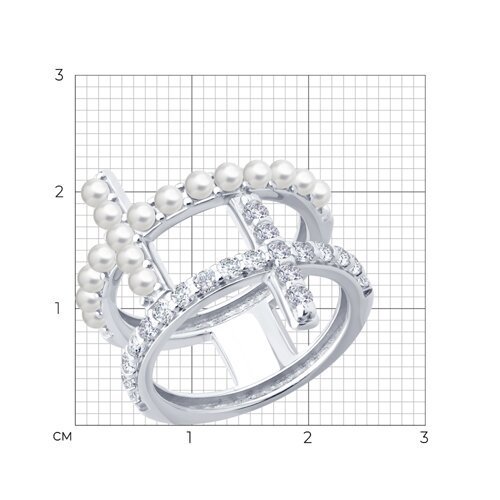 Кольцо из серебра с синтетическим жемчугом и фианитами (Арт.94014597)