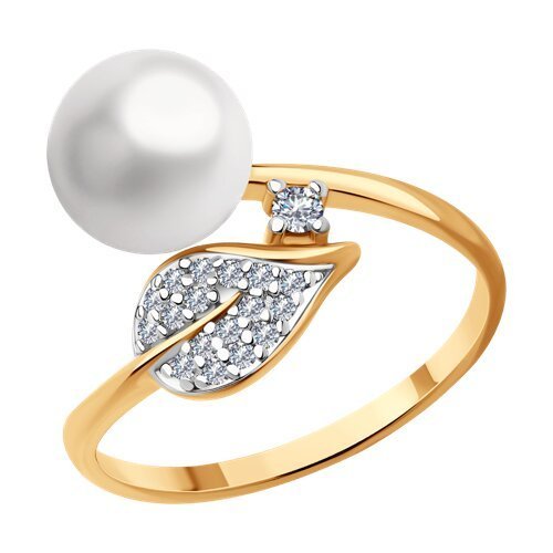 Кольцо из золоченого серебра с жемчугом и фианитами «Жемчужный лист» SOKOLOV (арт.92012169)