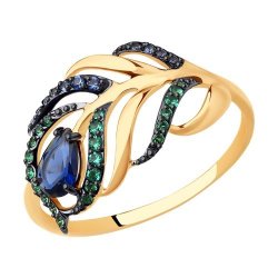 Кольцо из золота с зелеными и синими фианитами (Арт.017080)