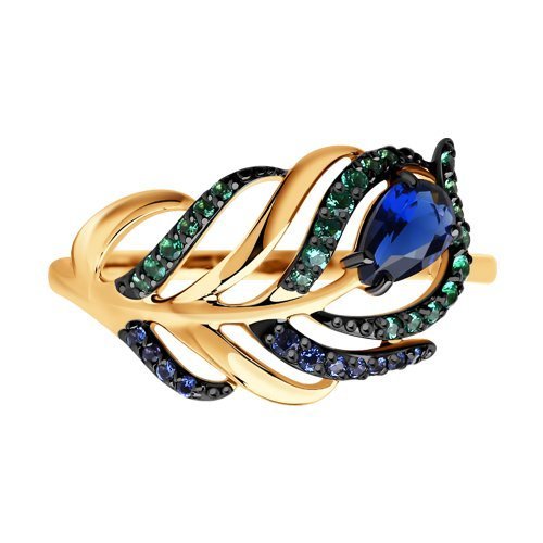 Кольцо из золота с зелеными и синими фианитами (Арт.017080)