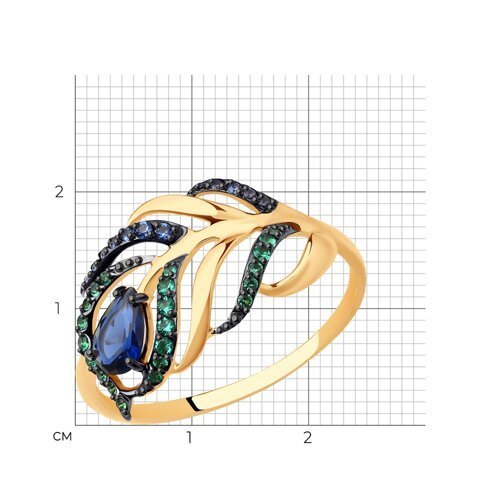 Кольцо из золота с зелеными и синими фианитами (Арт.017080)