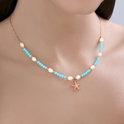 Колье из золочёного серебра с бирюзой и жемчугом «Морская Звезда» SOKOLOV (арт.9328)