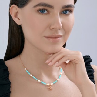 Колье из золочёного серебра с бирюзой и жемчугом «Морская Звезда» SOKOLOV (арт.9328)