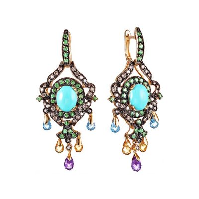 Серьги люстры из золота с аметистом и бирюзой (Арт.e7938n-7_dn_am_bt_ct_tq_tv_yg)