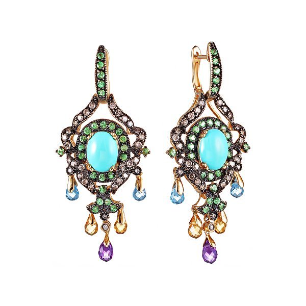 Серьги люстры из золота с аметистом и бирюзой (Арт.e7938n-7_dn_am_bt_ct_tq_tv_yg)